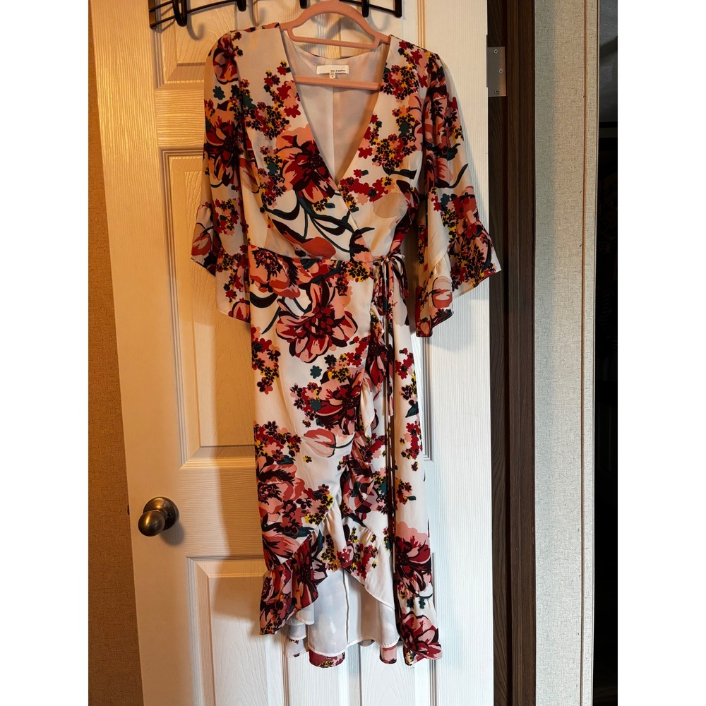 June & Hudson Floral Wrap Dress White Red High Low Ruffle Bell Sleeve Smallβ